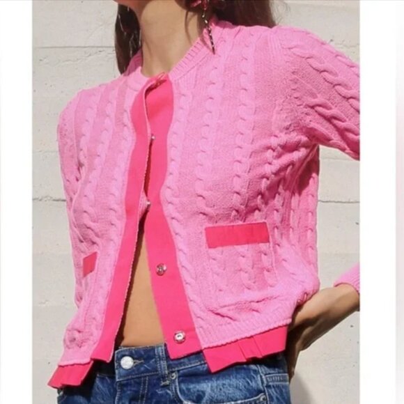 NWT ZARA Cableknit Cardigan Snap Ribbon Lined Sweater, Pink / Barbie Pink, Large - Picture 1 of 7